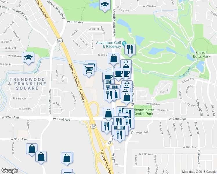 map of restaurants, bars, coffee shops, grocery stores, and more near 9379 North Sheridan Boulevard in Westminster