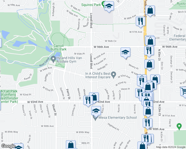 map of restaurants, bars, coffee shops, grocery stores, and more near 3591 Mowry Place in Westminster