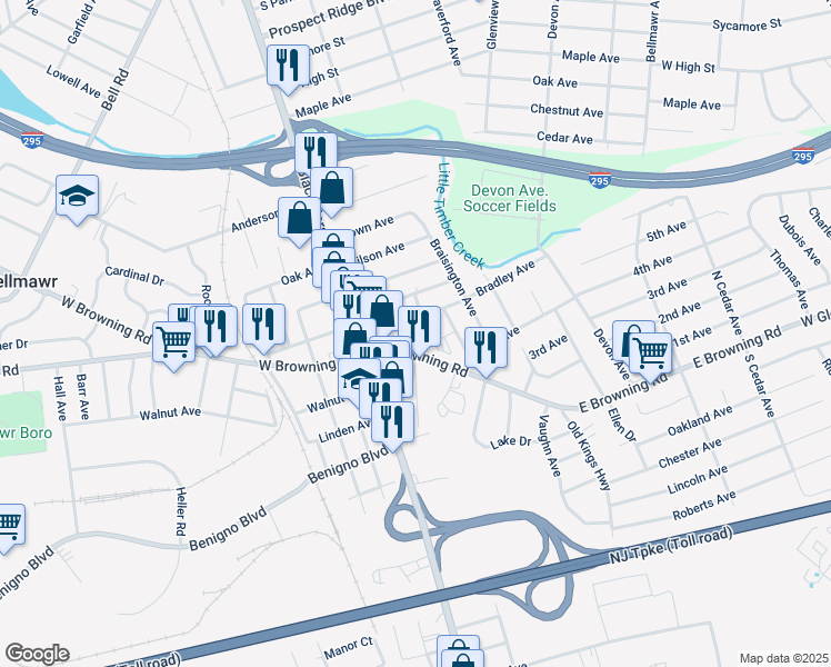 map of restaurants, bars, coffee shops, grocery stores, and more near 35 East Browning Road in Bellmawr