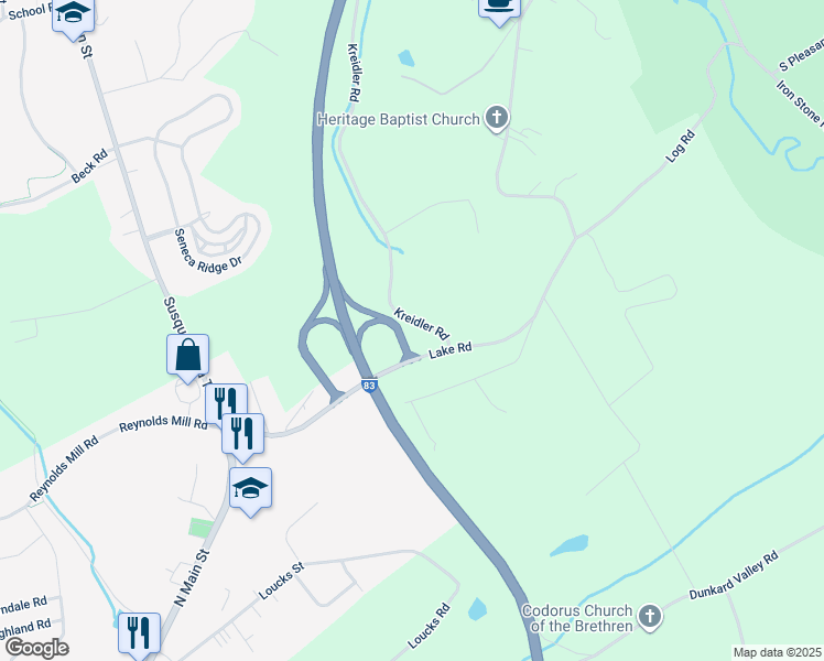 map of restaurants, bars, coffee shops, grocery stores, and more near 7256 Kreidler Road in York