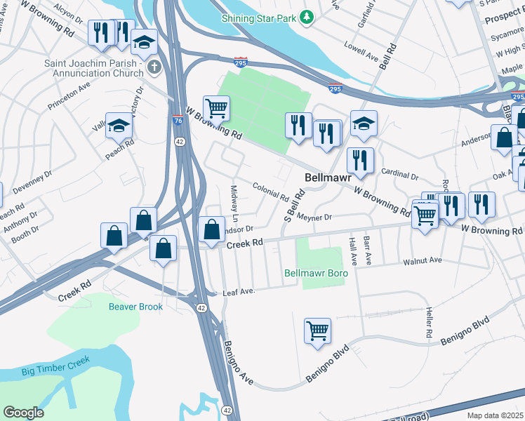 map of restaurants, bars, coffee shops, grocery stores, and more near 392 Flanders Road in Bellmawr