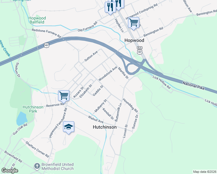 map of restaurants, bars, coffee shops, grocery stores, and more near 134 Redstone Furnace Road in Hopwood