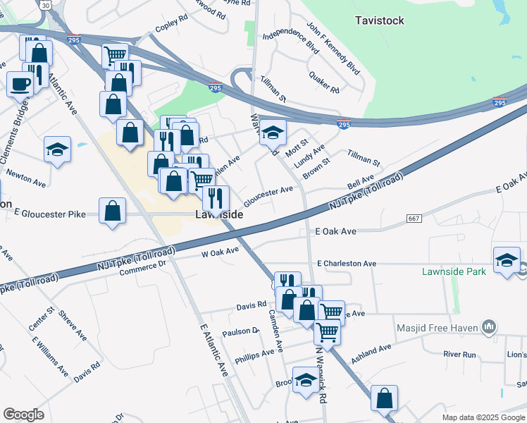map of restaurants, bars, coffee shops, grocery stores, and more near 30 Kings Court in Lawnside