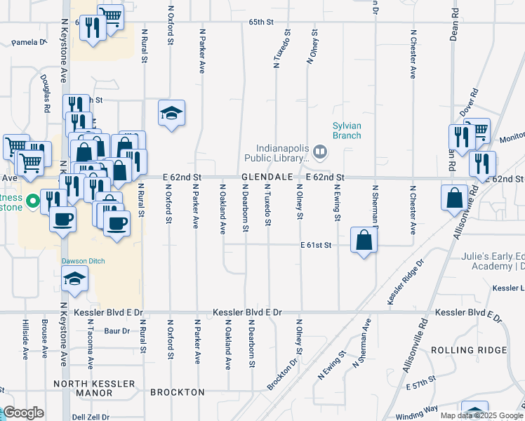 map of restaurants, bars, coffee shops, grocery stores, and more near 6150 North Tuxedo Street in Indianapolis