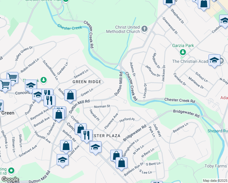 map of restaurants, bars, coffee shops, grocery stores, and more near 40 Ridge Road in Aston