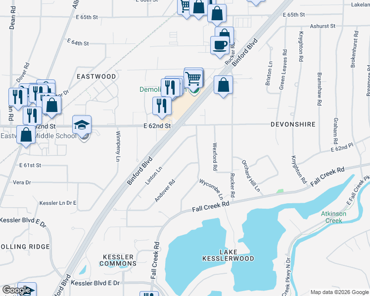 map of restaurants, bars, coffee shops, grocery stores, and more near 6121 Linton Lane in Indianapolis