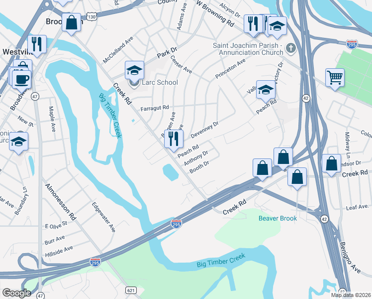 map of restaurants, bars, coffee shops, grocery stores, and more near 340 Peach Road in Bellmawr
