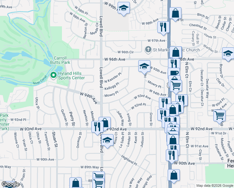 map of restaurants, bars, coffee shops, grocery stores, and more near 3480 Mowry Place in Westminster