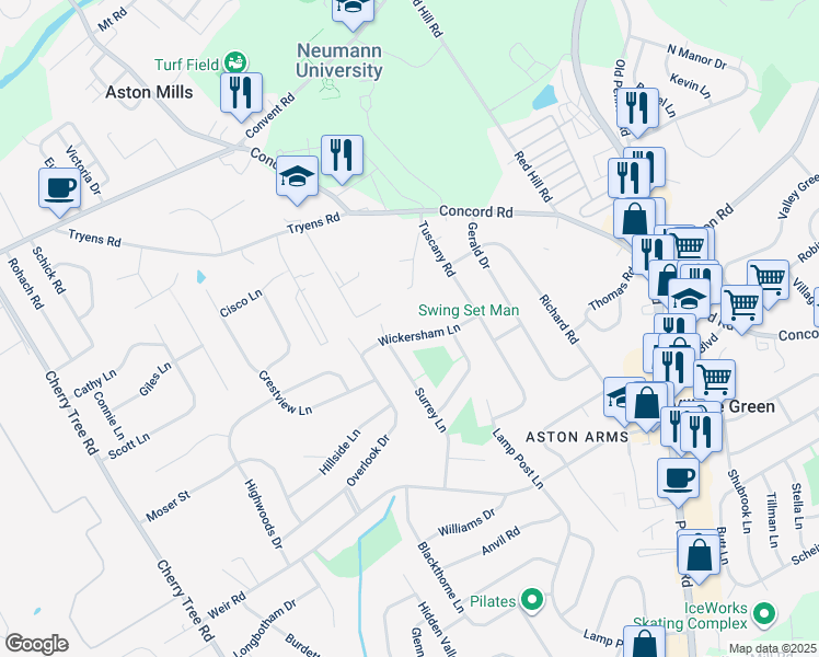 map of restaurants, bars, coffee shops, grocery stores, and more near 207 Gerald Drive in Aston