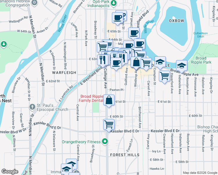 map of restaurants, bars, coffee shops, grocery stores, and more near 6155 North College Avenue in Indianapolis