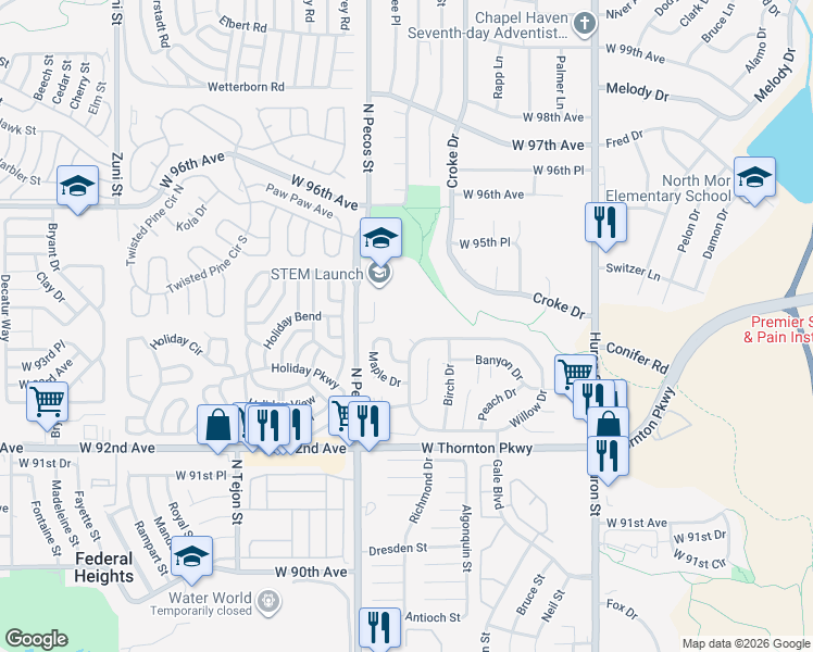 map of restaurants, bars, coffee shops, grocery stores, and more near in Thornton