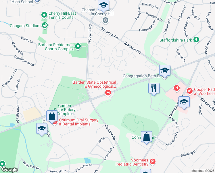 map of restaurants, bars, coffee shops, grocery stores, and more near 1953 The Woods II in Cherry Hill