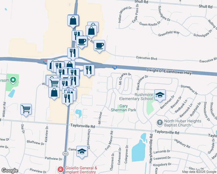 map of restaurants, bars, coffee shops, grocery stores, and more near 8036 Mount Everest Street in Huber Heights