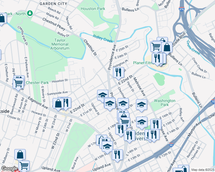 map of restaurants, bars, coffee shops, grocery stores, and more near 2210 Providence Avenue in Chester