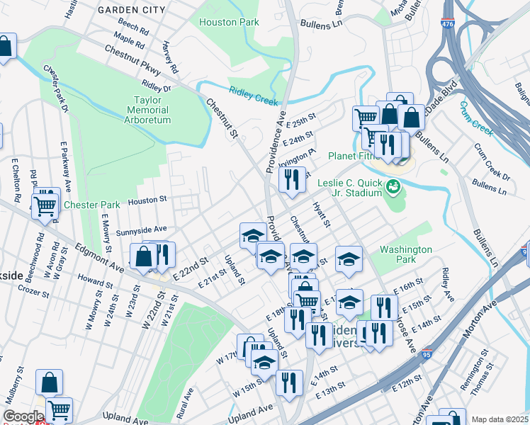 map of restaurants, bars, coffee shops, grocery stores, and more near 2210 Providence Avenue in Chester