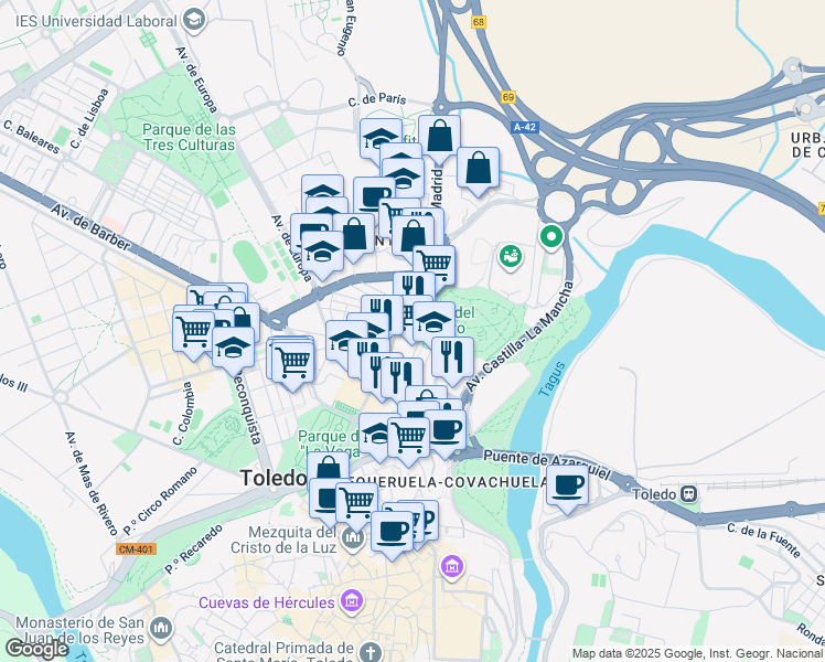 map of restaurants, bars, coffee shops, grocery stores, and more near 14 Calle Marqués de Mendigorría in Toledo