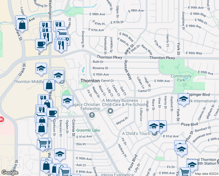 map of restaurants, bars, coffee shops, grocery stores, and more near 9400 Lilly Court in Thornton