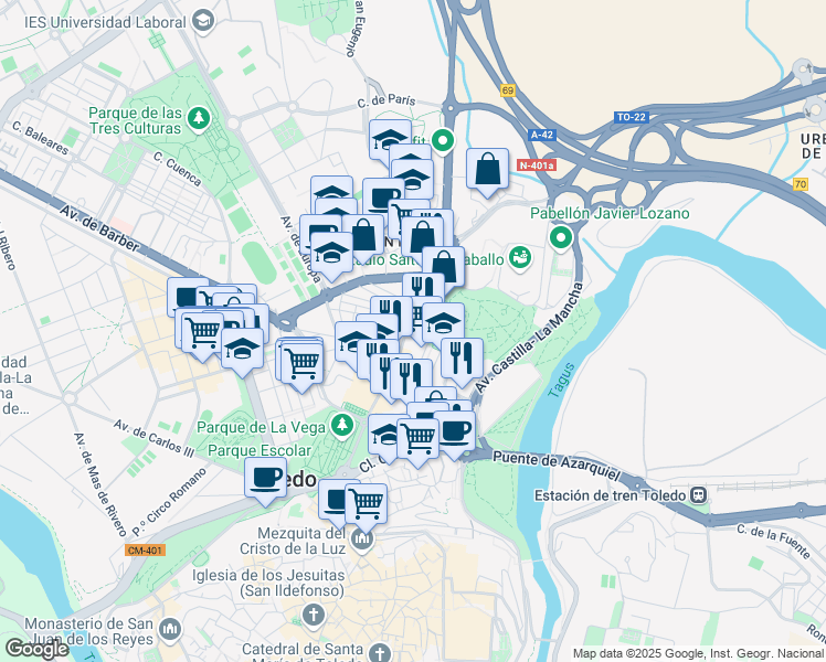 map of restaurants, bars, coffee shops, grocery stores, and more near 14 Calle Marqués de Mendigorría in Toledo