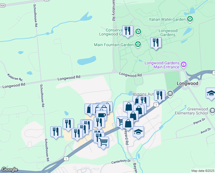 map of restaurants, bars, coffee shops, grocery stores, and more near 517 Beechwood Drive in Kennett Square