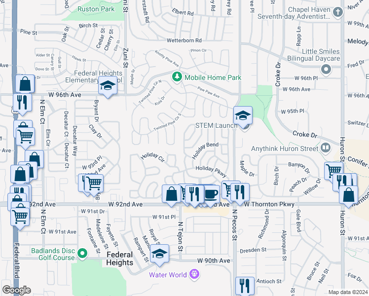 map of restaurants, bars, coffee shops, grocery stores, and more near 9301 Holiday Run in Federal Heights