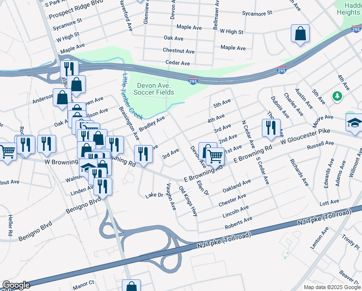 map of restaurants, bars, coffee shops, grocery stores, and more near 57 Evergreen Avenue in Bellmawr