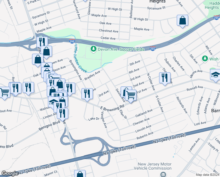 map of restaurants, bars, coffee shops, grocery stores, and more near 57 Evergreen Avenue in Bellmawr