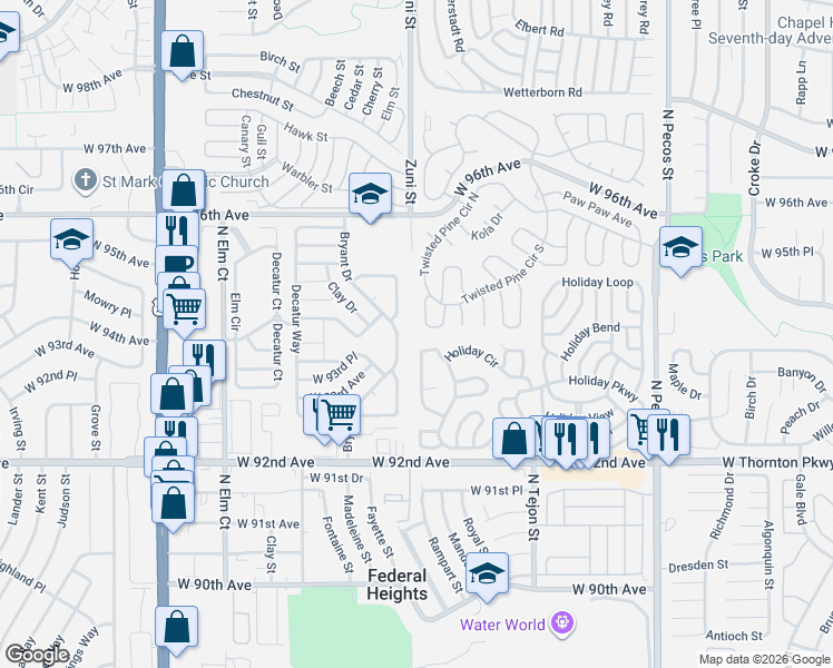 map of restaurants, bars, coffee shops, grocery stores, and more near 9356-9384 Holiday Glen in Federal Heights