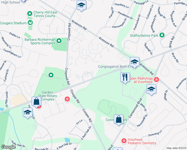 map of restaurants, bars, coffee shops, grocery stores, and more near 2005 The Woods II in Cherry Hill