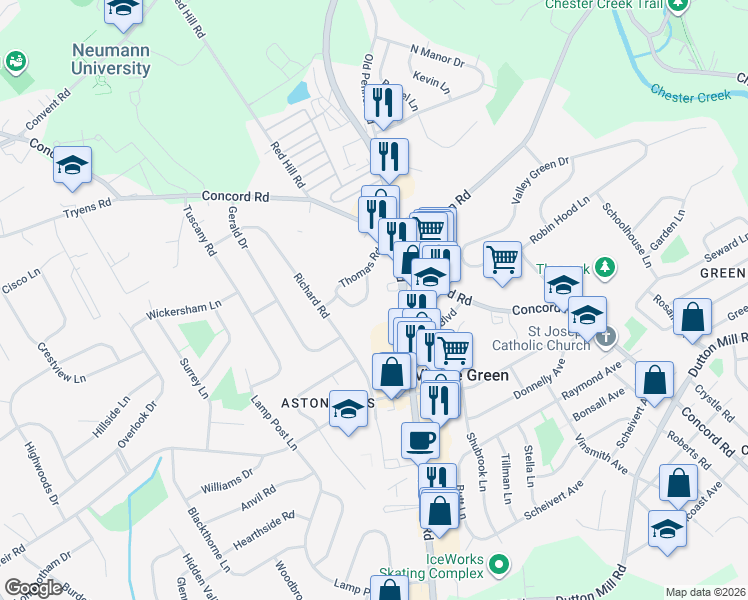 map of restaurants, bars, coffee shops, grocery stores, and more near in Delaware County