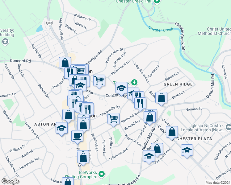 map of restaurants, bars, coffee shops, grocery stores, and more near 3300 Concord Road in Aston