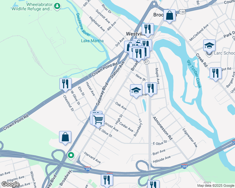 map of restaurants, bars, coffee shops, grocery stores, and more near 434 Broadway in Westville