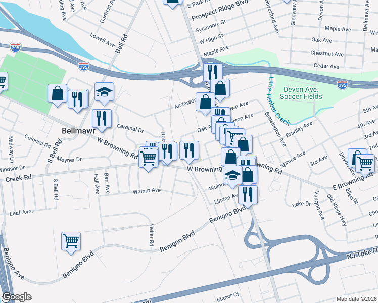 map of restaurants, bars, coffee shops, grocery stores, and more near 113 Oak Avenue in Bellmawr