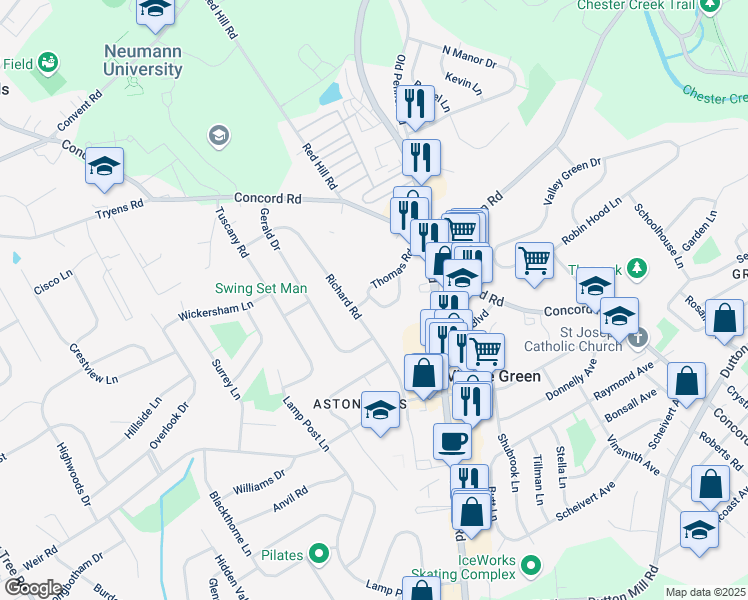 map of restaurants, bars, coffee shops, grocery stores, and more near 3 Aston Court in Aston