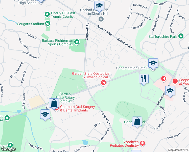 map of restaurants, bars, coffee shops, grocery stores, and more near 2005 The Woods II in Cherry Hill