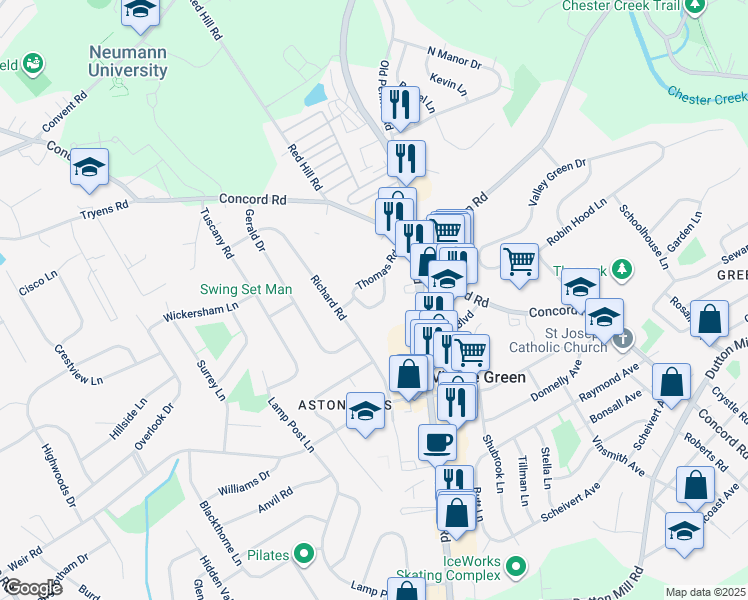 map of restaurants, bars, coffee shops, grocery stores, and more near 10 Aston Court in Village Green