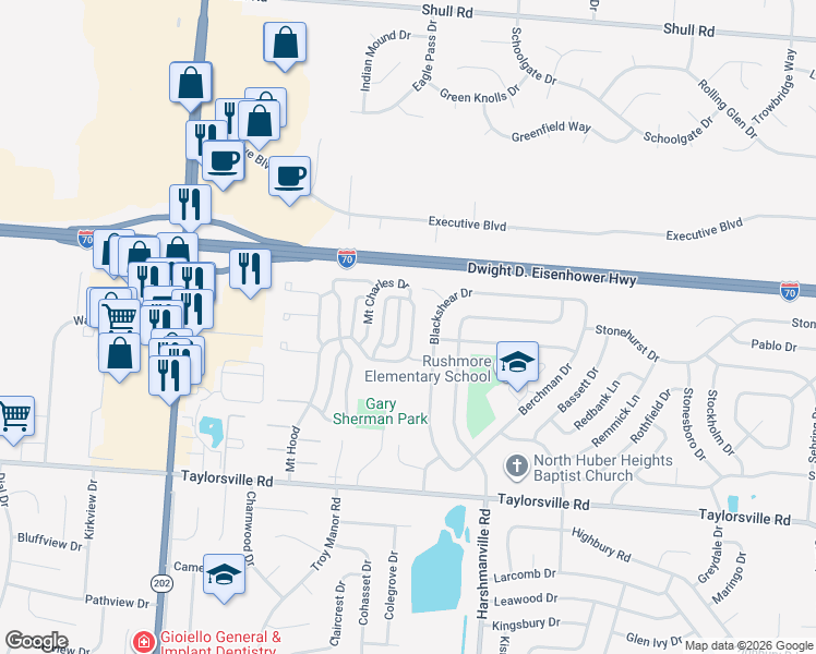map of restaurants, bars, coffee shops, grocery stores, and more near 8155 Mount Hood in Huber Heights