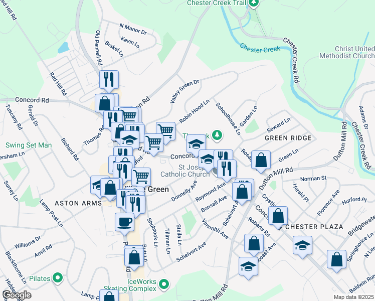 map of restaurants, bars, coffee shops, grocery stores, and more near 3300 Concord Road in Aston