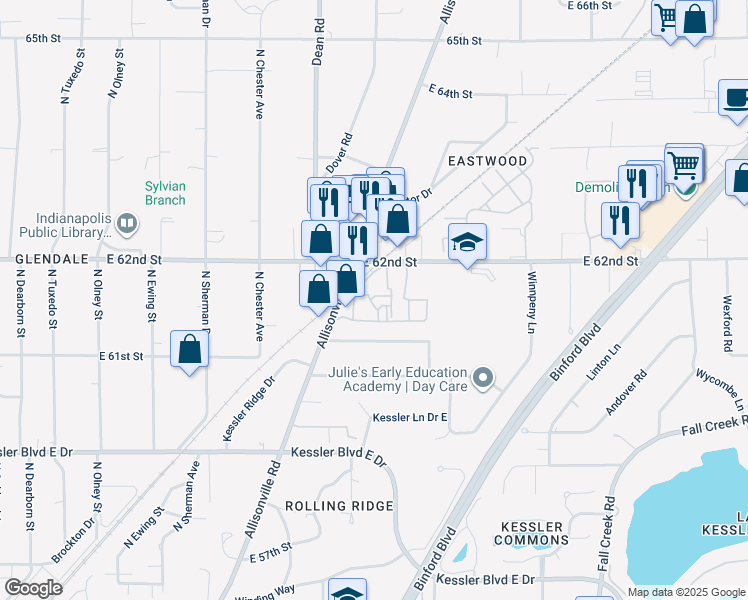 map of restaurants, bars, coffee shops, grocery stores, and more near 6111 Allisonville Road in Indianapolis