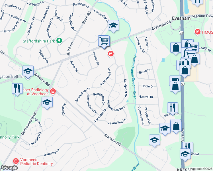map of restaurants, bars, coffee shops, grocery stores, and more near 69 Wynnewood Drive in Voorhees Township