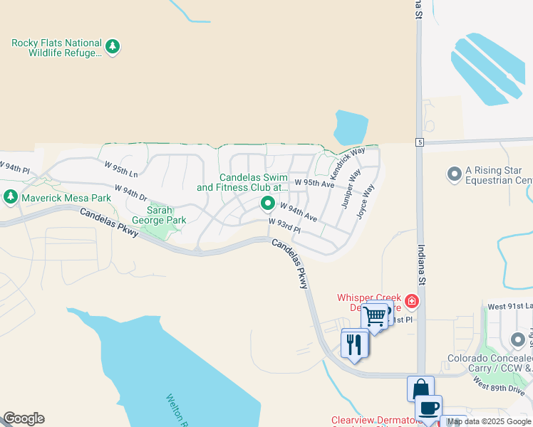 map of restaurants, bars, coffee shops, grocery stores, and more near 9371 McIntyre Street in Arvada