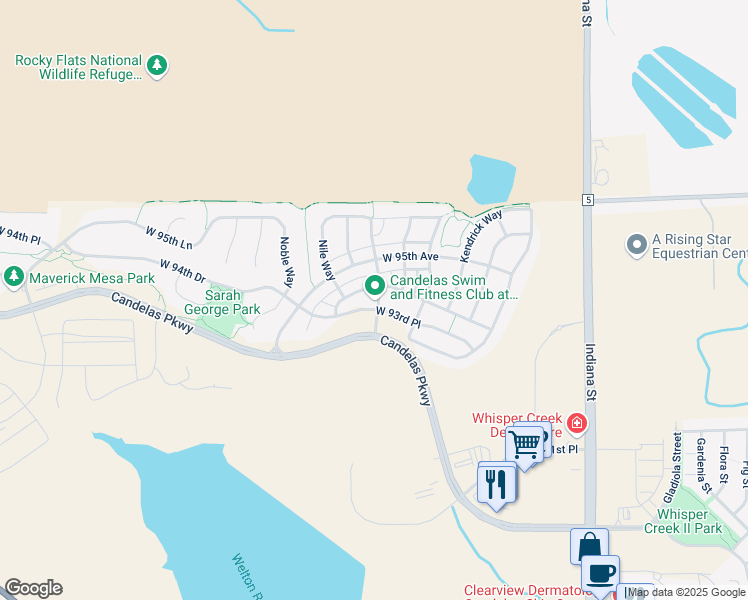 map of restaurants, bars, coffee shops, grocery stores, and more near 9371 McIntyre Street in Arvada