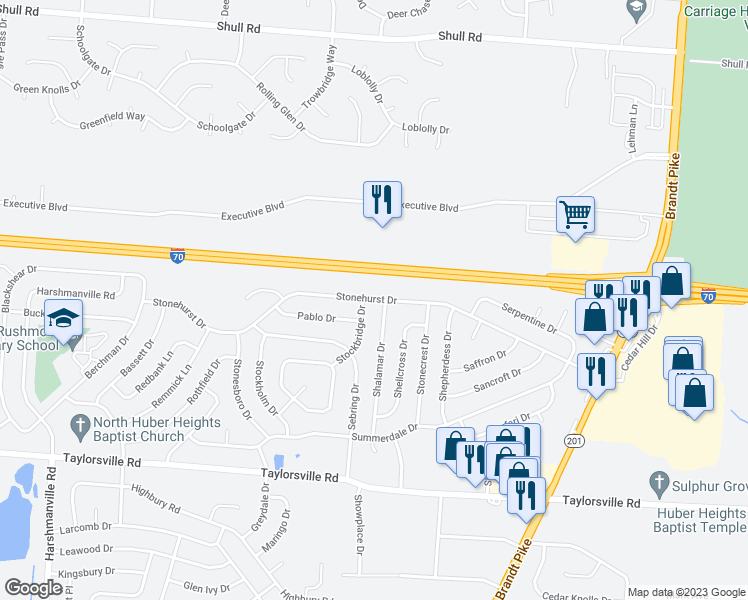 map of restaurants, bars, coffee shops, grocery stores, and more near Stonehurst Drive in Huber Heights