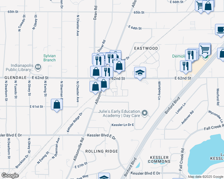 map of restaurants, bars, coffee shops, grocery stores, and more near 6128 Villa Paree Drive in Indianapolis