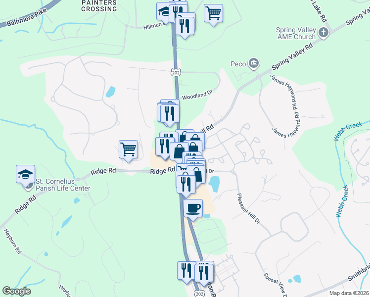map of restaurants, bars, coffee shops, grocery stores, and more near 1823 Wilmington Pike in Delaware County