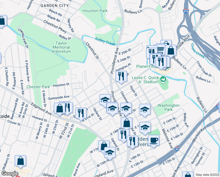 map of restaurants, bars, coffee shops, grocery stores, and more near 2206 Walnut Street in Chester