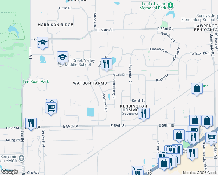 map of restaurants, bars, coffee shops, grocery stores, and more near 6083 Honeywell Drive in Indianapolis