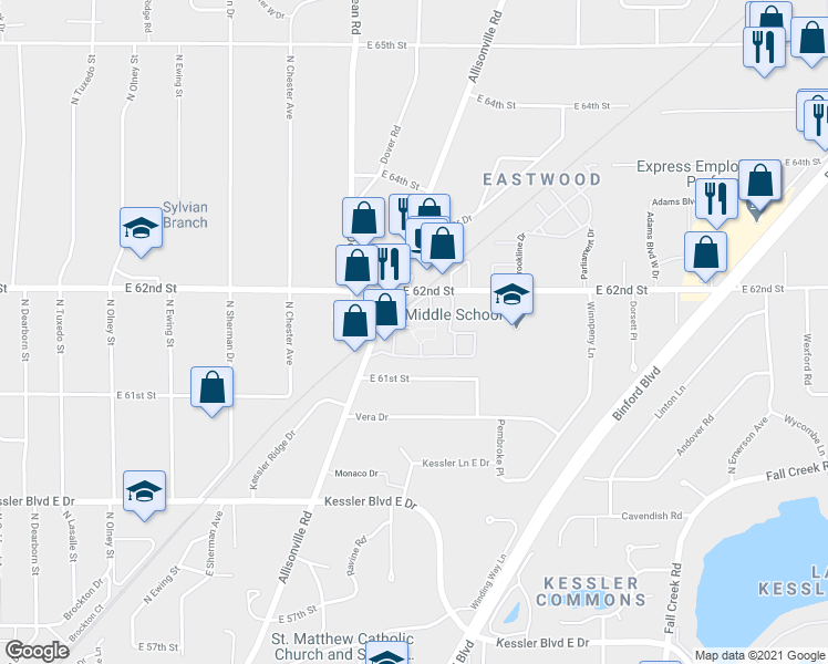 map of restaurants, bars, coffee shops, grocery stores, and more near 6128 Villa Paree Drive in Indianapolis
