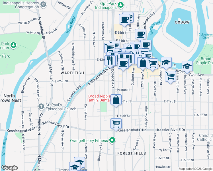 map of restaurants, bars, coffee shops, grocery stores, and more near 6155 Broadway Street in Indianapolis