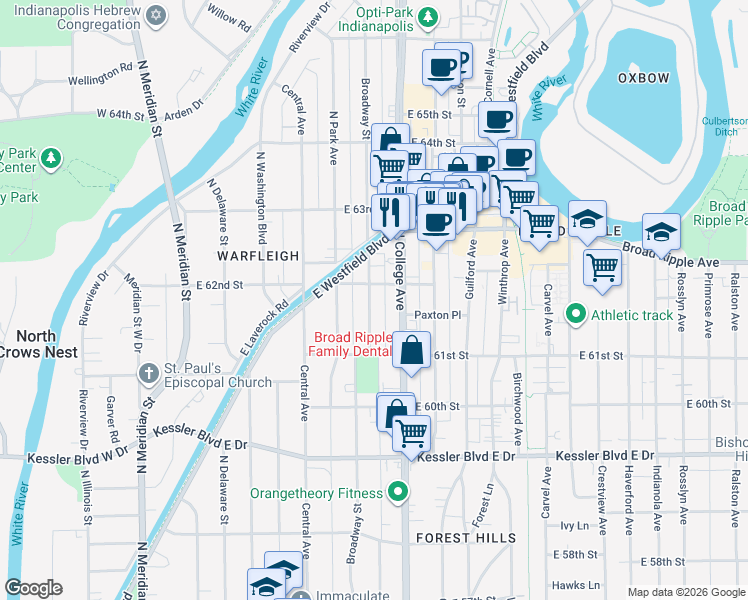 map of restaurants, bars, coffee shops, grocery stores, and more near 6142 Broadway Street in Indianapolis