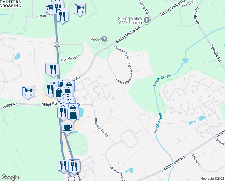 map of restaurants, bars, coffee shops, grocery stores, and more near 4001 Fox Pointe Court in Glen Mills